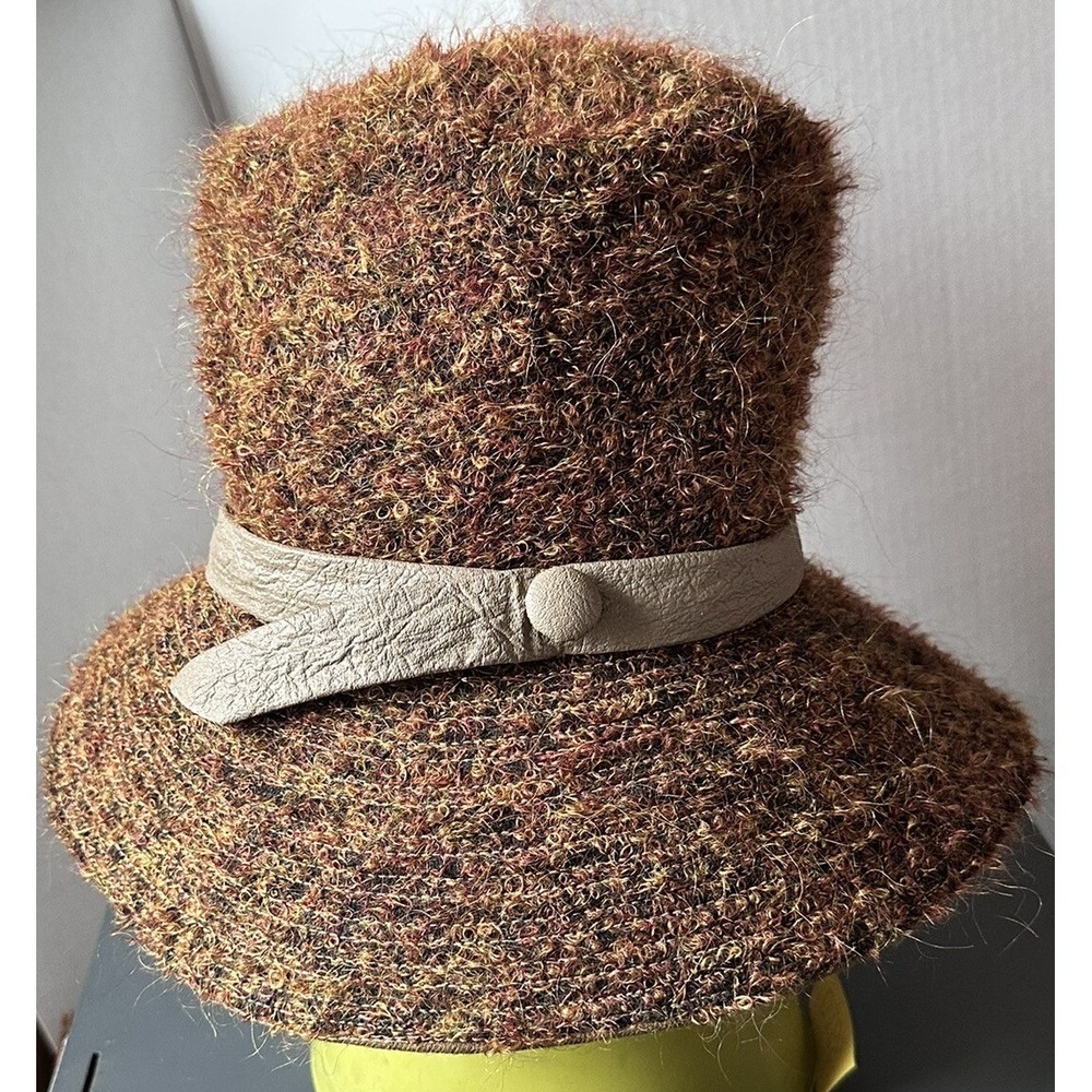 Vintage Mr John Classic Macys New York Fuzzy Boucle Bucket Hat Brown Floral Line